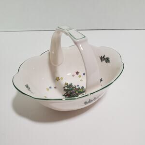 Vintage Nikko Japan Christmastime Candy Basket w/ Handle Tree Gifts Bone China